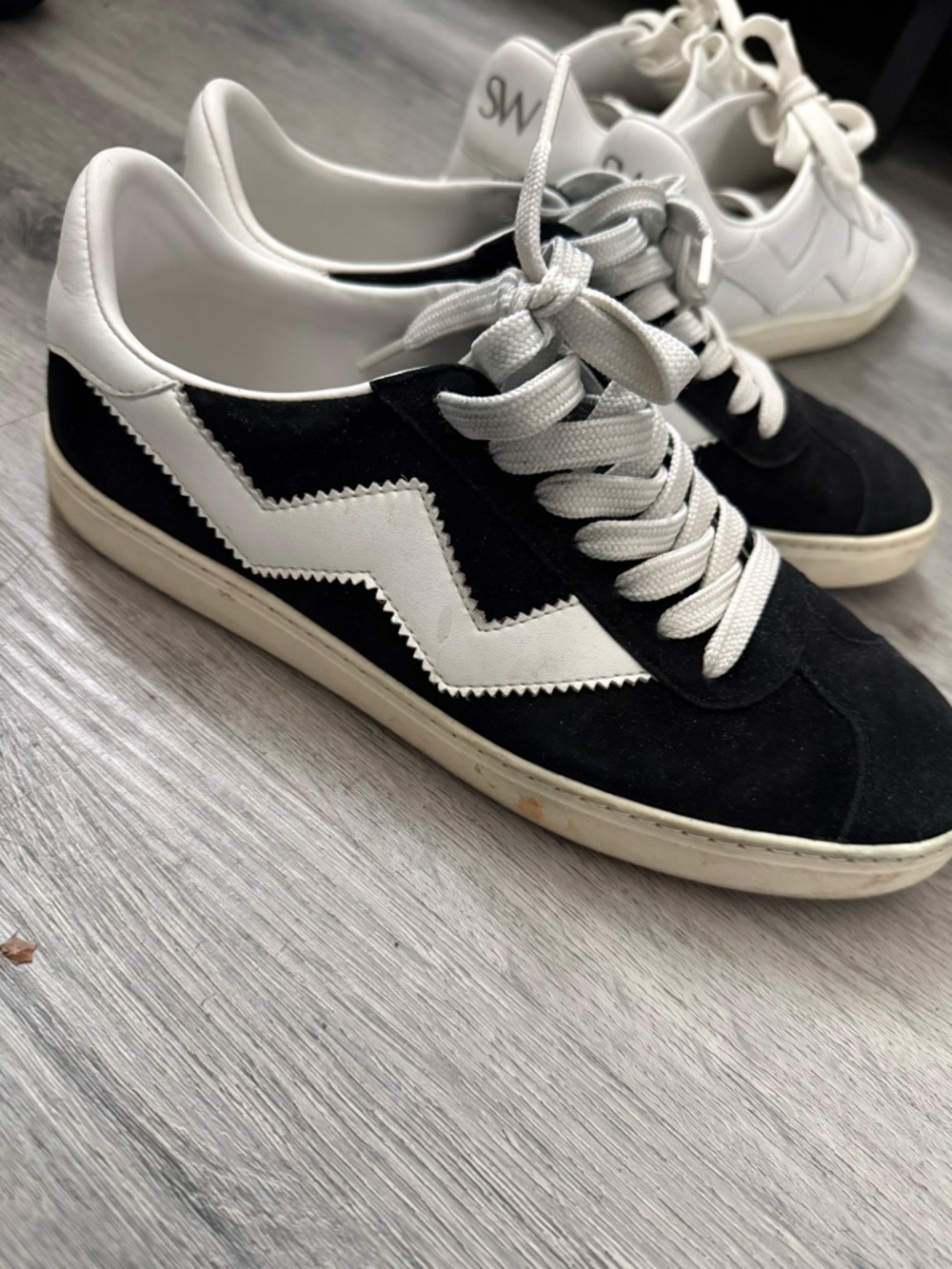 Stuart Weitzman Black Suede Sneakers with White Zigzag